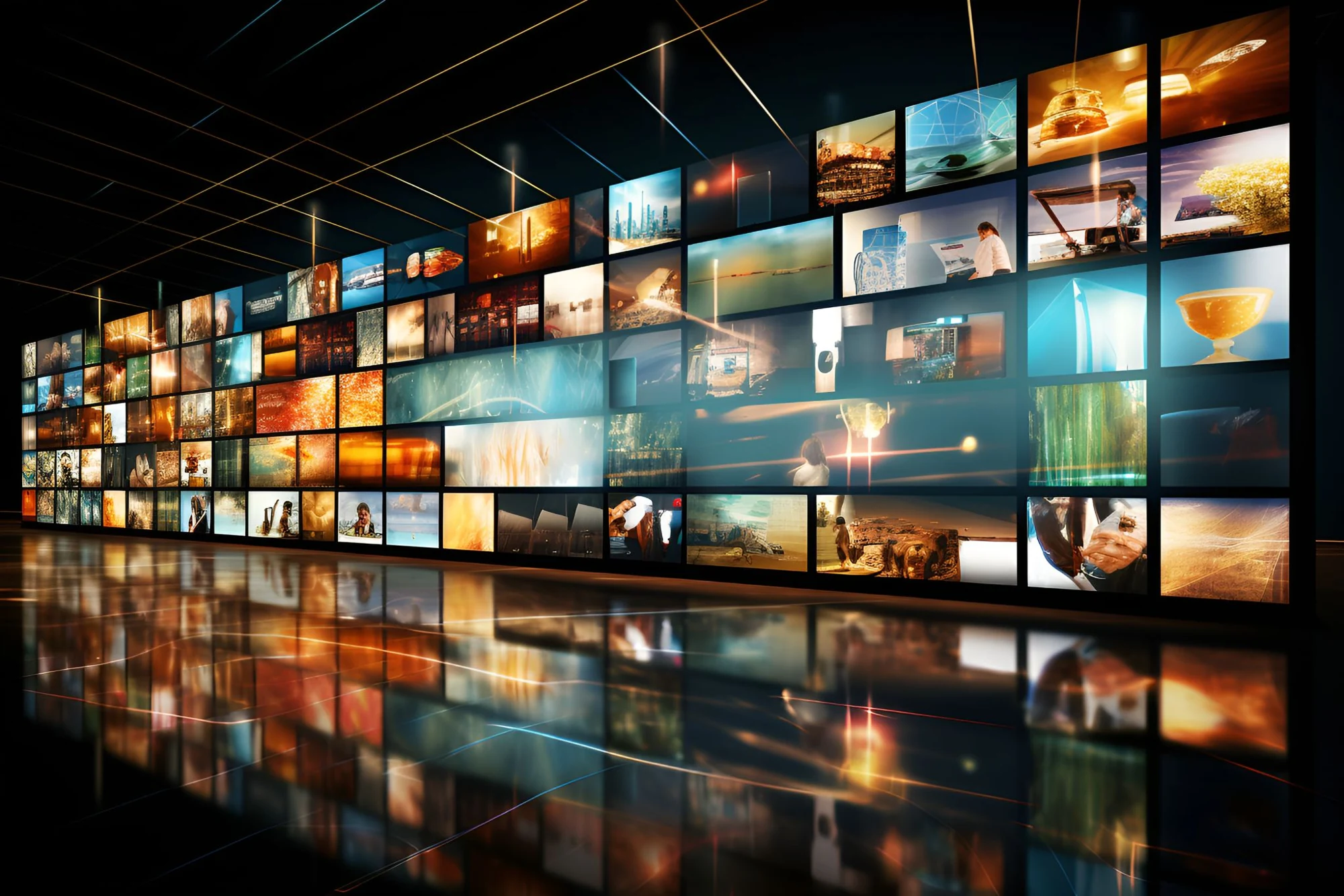A panoramic wall of screens showing creative ideas and technology